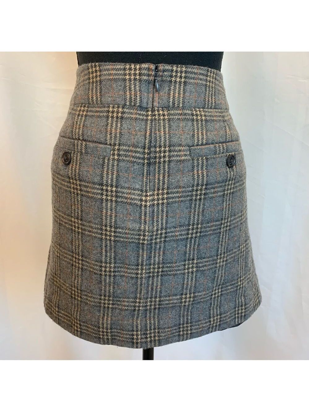 GAP gray brown wool plaid check button detail miniskirt Sz 8 - Picture 6 of 14